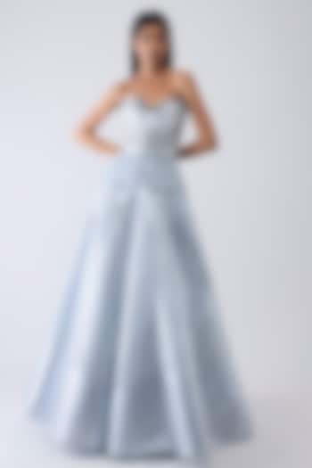 Ice Blue Amber Jersey & Tulle Metallic Flared Skirt Set by Amit Aggarwal at Pernia's Pop Up Shop
