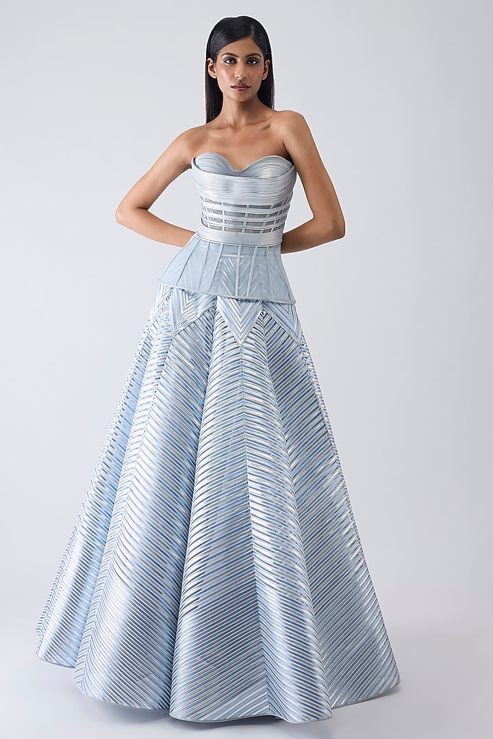 Ice Blue Amber Jersey & Tulle Metallic Flared Skirt Set by Amit Aggarwal at Pernia's Pop Up Shop