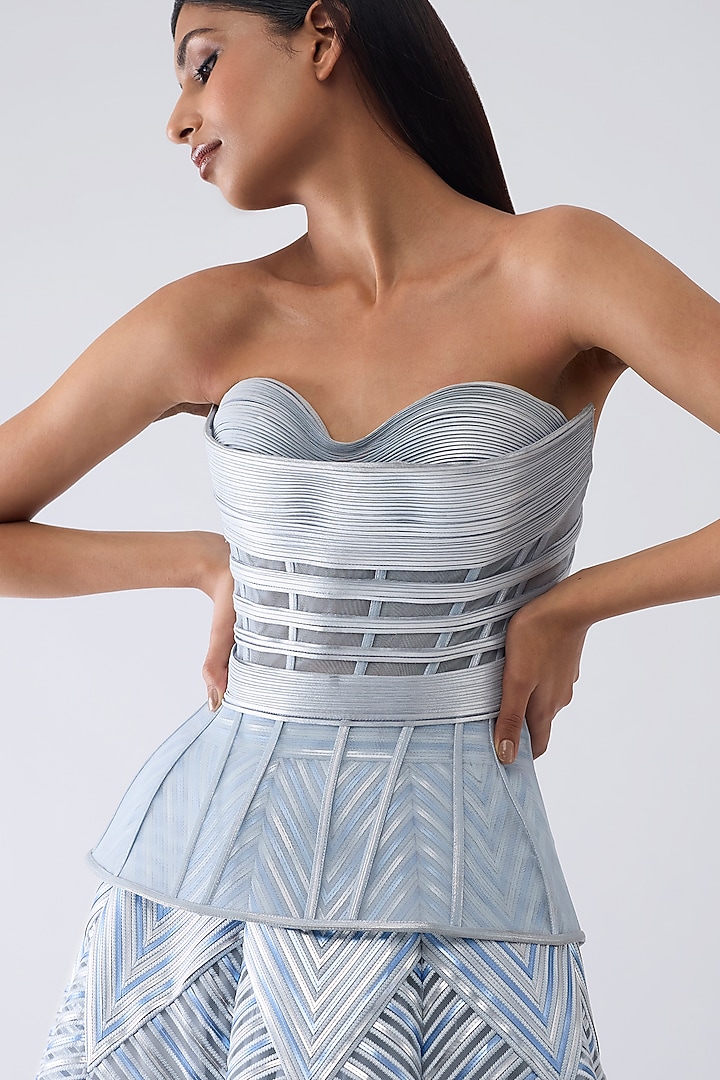 Ice Blue Amber Jersey & Tulle Metallic Flared Skirt Set by Amit Aggarwal at Pernia's Pop Up Shop