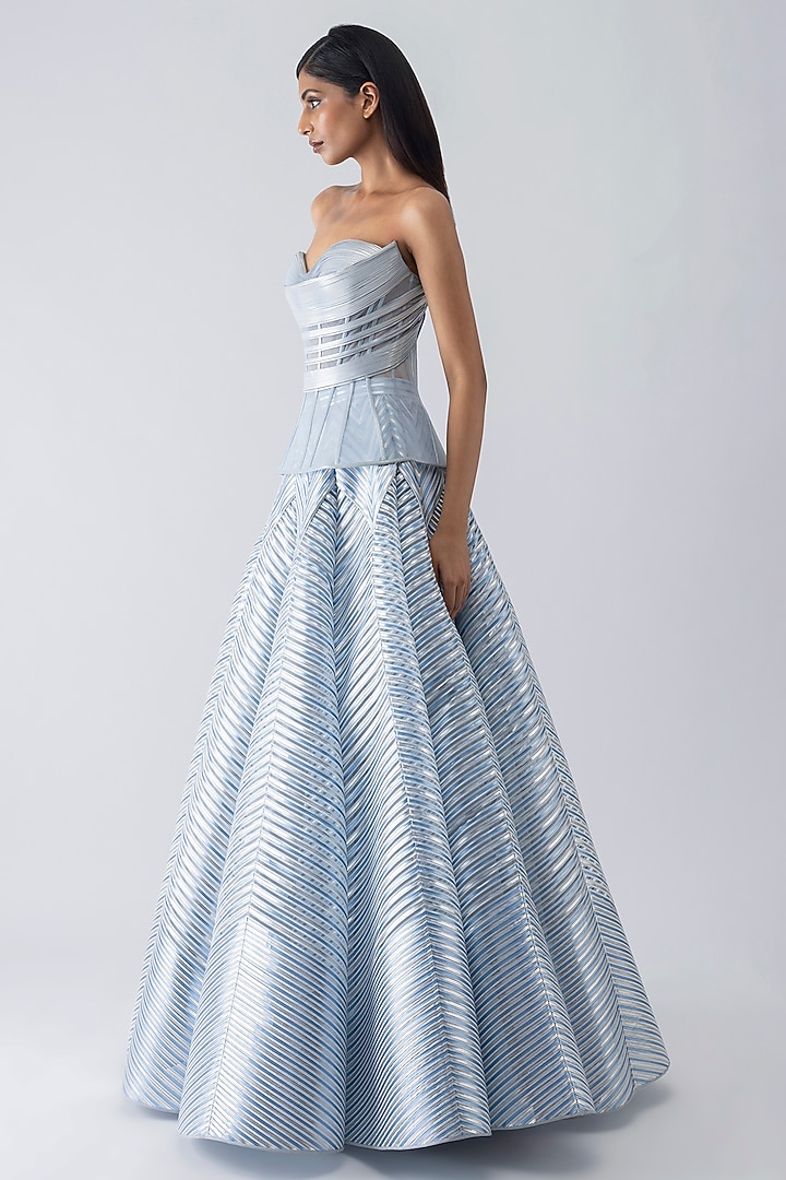 Ice Blue Amber Jersey & Tulle Metallic Flared Skirt Set by Amit Aggarwal at Pernia's Pop Up Shop