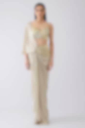 Sand-Colored Tulle & Foil Crepe Draped Reception Saree Set by Amit Aggarwal at Pernia's Pop Up Shop