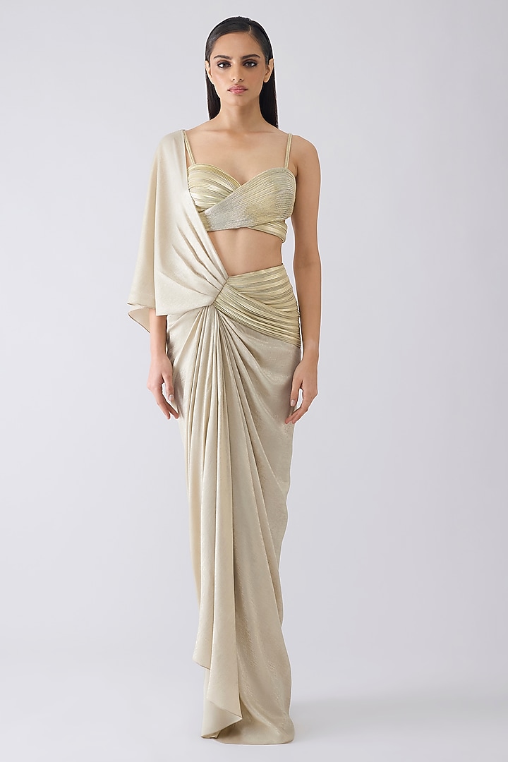Sand-Colored Tulle & Foil Crepe Draped Reception Saree Set by Amit Aggarwal at Pernia's Pop Up Shop