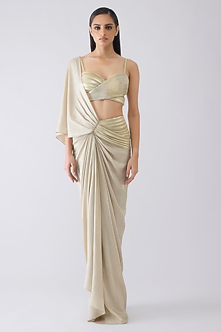 Sand-Colored Tulle & Foil Crepe Draped Saree Set by Amit Aggarwal