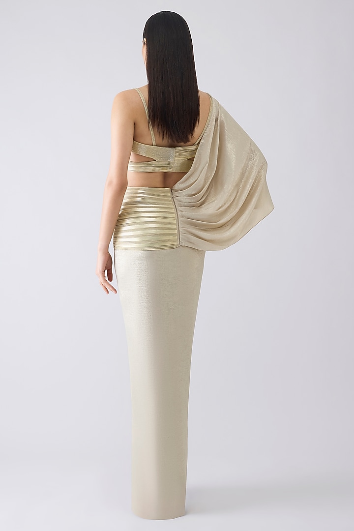 Sand-Colored Tulle & Foil Crepe Draped Reception Saree Set by Amit Aggarwal at Pernia's Pop Up Shop