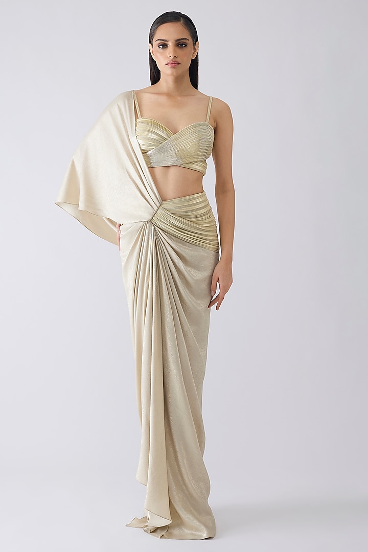 Sand-Colored Tulle & Foil Crepe Draped Reception Saree Set by Amit Aggarwal at Pernia's Pop Up Shop