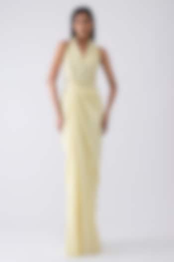 Butter Yellow Sandwash Crepe Draped Wedding Gown by Amit Aggarwal at Pernia's Pop Up Shop