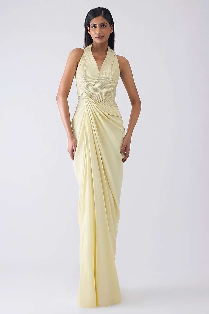 Butter Yellow Sandwash Crepe Draped Wedding Gown by Amit Aggarwal at Pernia's Pop Up Shop