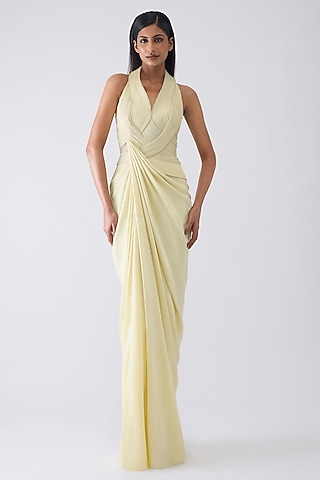 Butter Yellow Sandwash Crepe Draped Gown by Amit Aggarwal