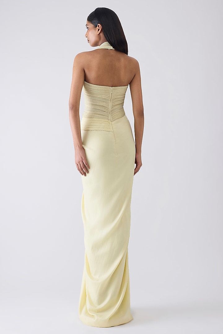 Butter Yellow Sandwash Crepe Draped Wedding Gown by Amit Aggarwal at Pernia's Pop Up Shop