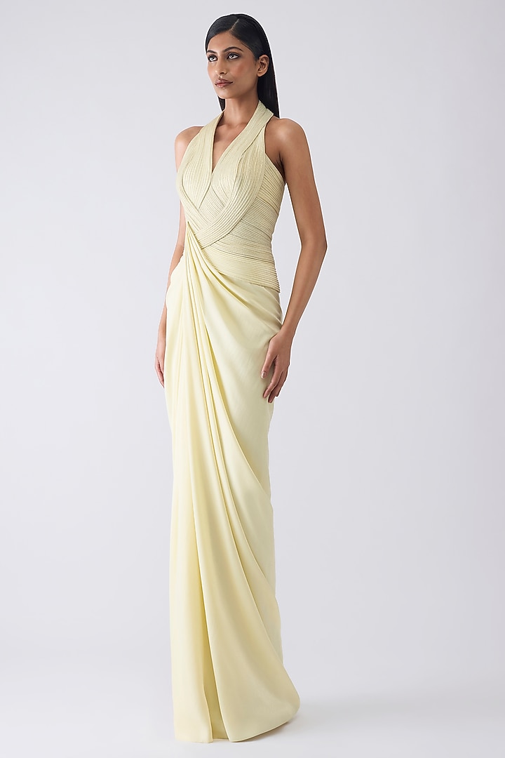 Butter Yellow Sandwash Crepe Draped Wedding Gown by Amit Aggarwal at Pernia's Pop Up Shop
