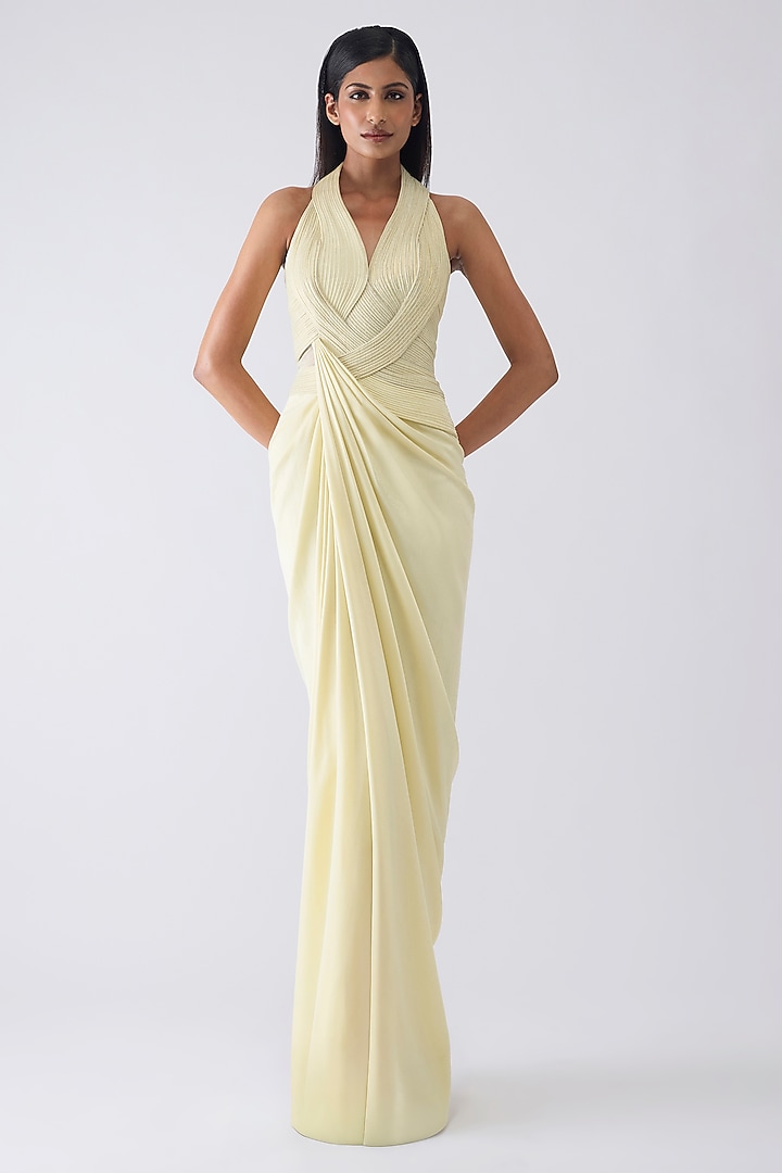 Butter Yellow Sandwash Crepe Draped Wedding Gown by Amit Aggarwal at Pernia's Pop Up Shop