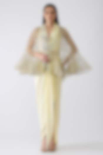 Butter Yellow Chiffon Draped Party Wear Dress With Ruffled Cape by Amit Aggarwal at Pernia's Pop Up Shop
