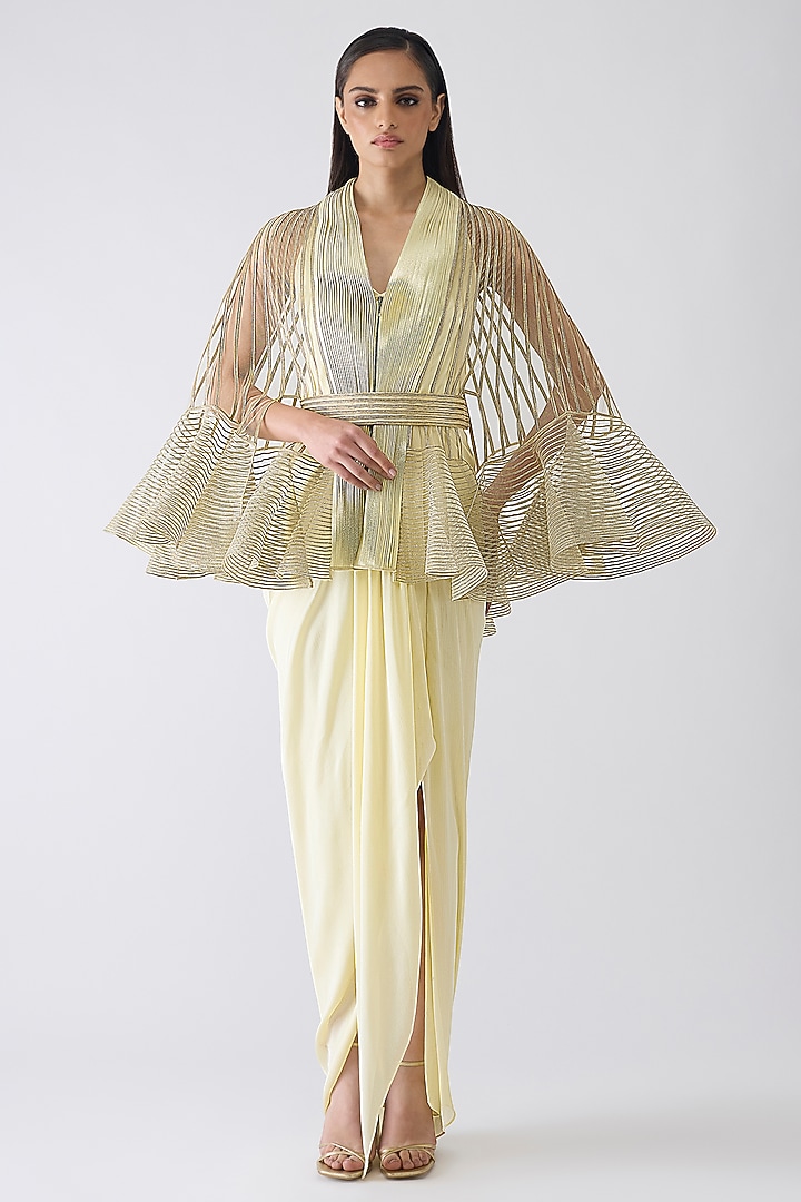 Butter Yellow Chiffon Draped Party Wear Dress With Ruffled Cape by Amit Aggarwal at Pernia's Pop Up Shop