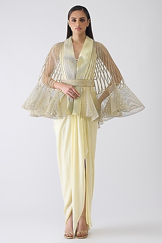 Butter Yellow Chiffon Draped Dress With Ruffled Cape by Amit Aggarwal