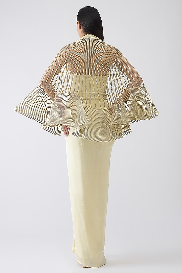 Butter Yellow Chiffon Draped Party Wear Dress With Ruffled Cape by Amit Aggarwal at Pernia's Pop Up Shop