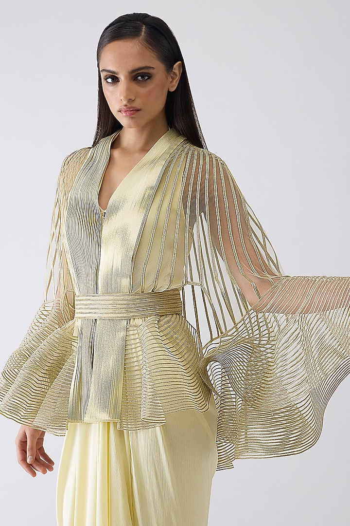 Butter Yellow Chiffon Draped Party Wear Dress With Ruffled Cape by Amit Aggarwal at Pernia's Pop Up Shop