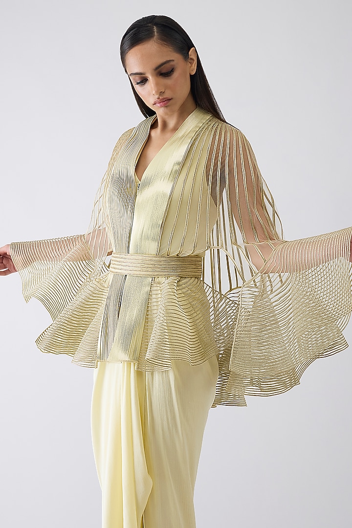 Butter Yellow Chiffon Draped Party Wear Dress With Ruffled Cape by Amit Aggarwal at Pernia's Pop Up Shop