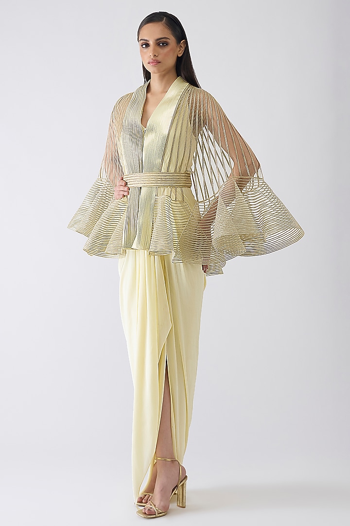 Butter Yellow Chiffon Draped Party Wear Dress With Ruffled Cape by Amit Aggarwal at Pernia's Pop Up Shop