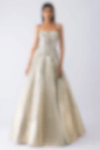 Sand-Colored Tulle & Crepe Flared Metallic Skirt Set by Amit Aggarwal at Pernia's Pop Up Shop