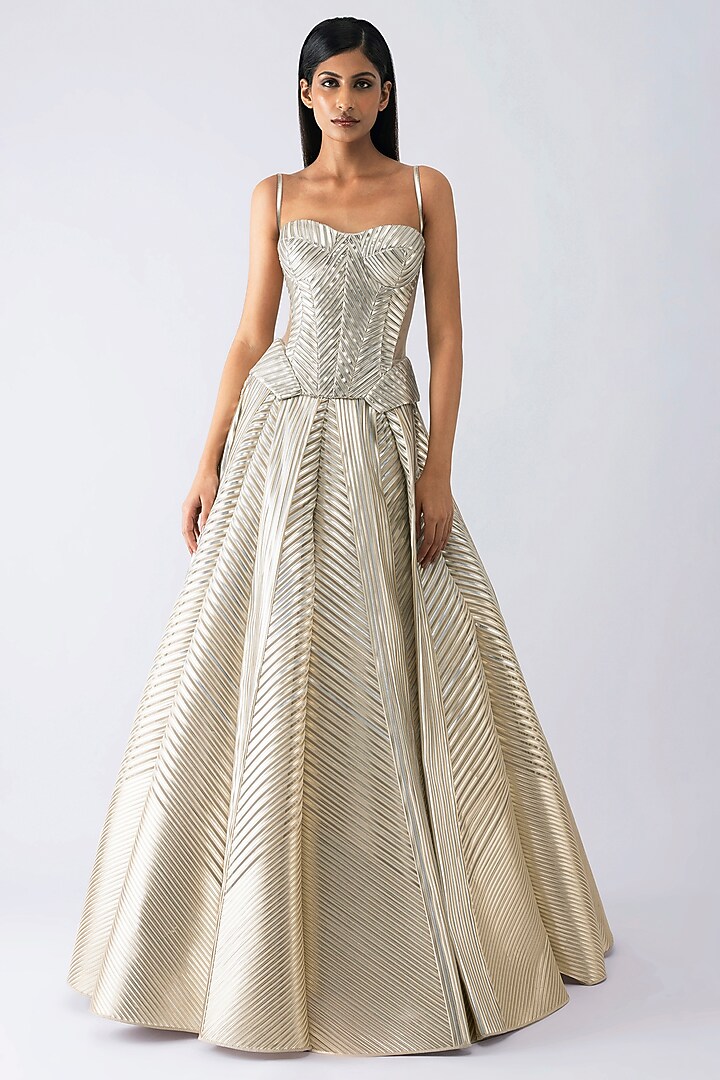 Sand-Colored Tulle & Crepe Flared Metallic Skirt Set by Amit Aggarwal at Pernia's Pop Up Shop