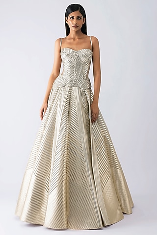 Sand-Colored Tulle & Crepe Flared Metallic Skirt Set by Amit Aggarwal