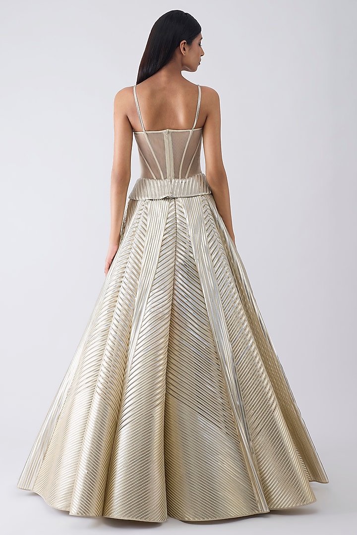 Sand-Colored Tulle & Crepe Flared Metallic Skirt Set by Amit Aggarwal at Pernia's Pop Up Shop