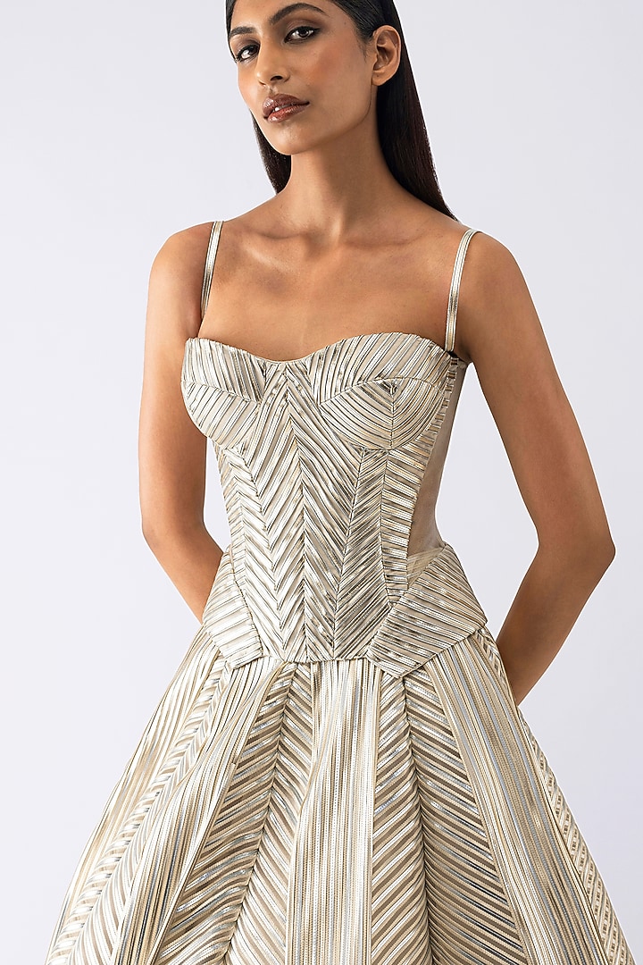 Sand-Colored Tulle & Crepe Flared Metallic Skirt Set by Amit Aggarwal at Pernia's Pop Up Shop