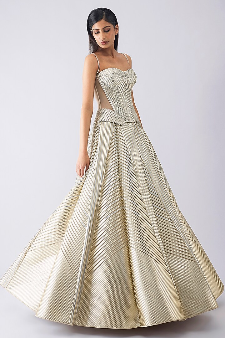 Sand-Colored Tulle & Crepe Flared Metallic Skirt Set by Amit Aggarwal at Pernia's Pop Up Shop
