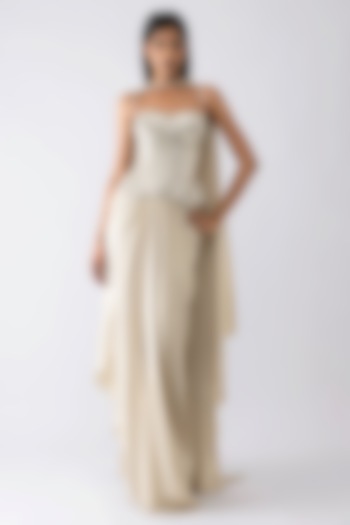 Sand-Colored Foil Crepe Draped Skirt Set by Amit Aggarwal at Pernia's Pop Up Shop