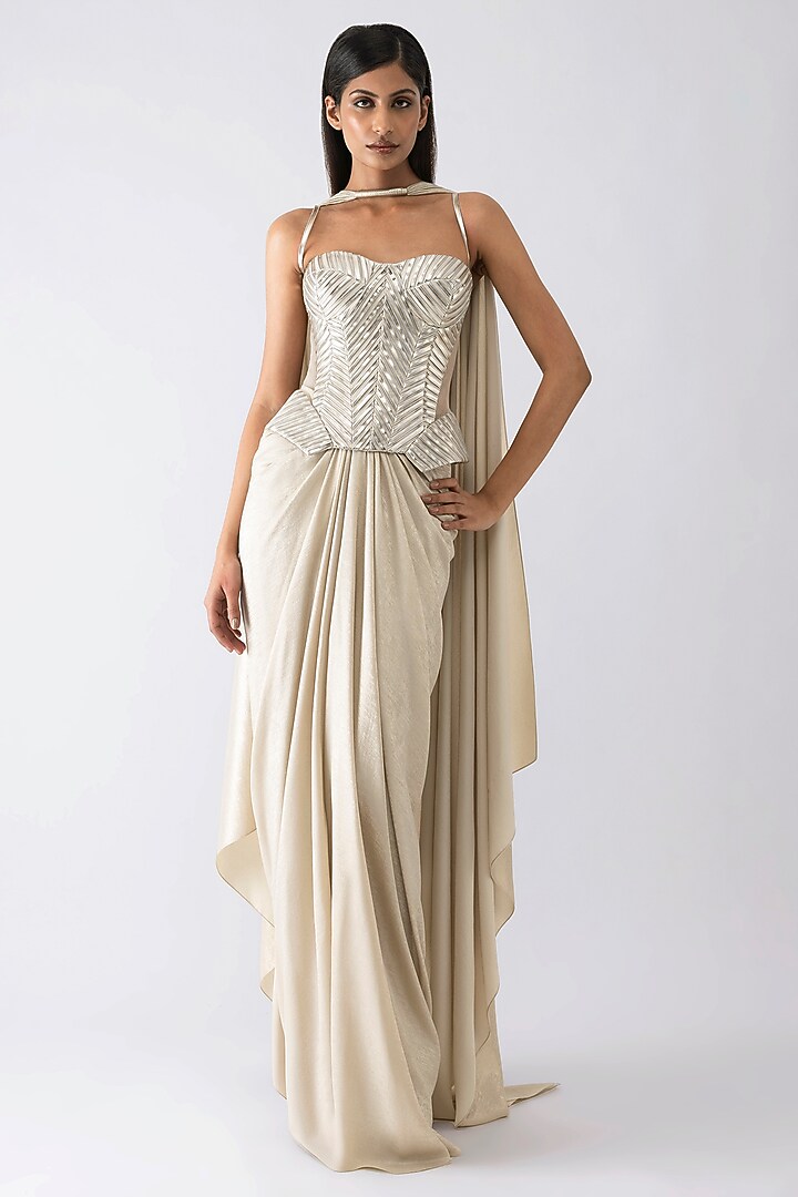 Sand-Colored Foil Crepe Draped Skirt Set by Amit Aggarwal at Pernia's Pop Up Shop