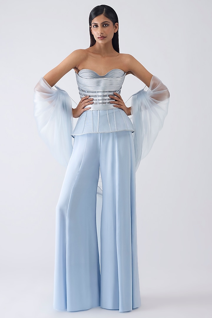 Ice Blue Chiffon Fluid Pant Set by Amit Aggarwal at Pernia's Pop Up Shop
