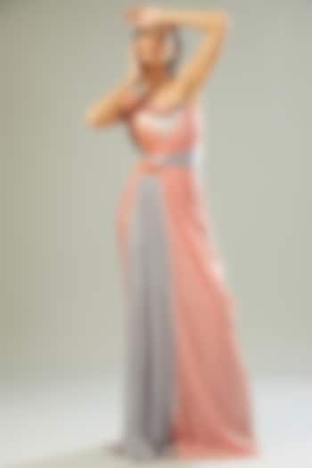 Blush Pink & Grey Metallic Polymer Draped Gown by Amit Aggarwal