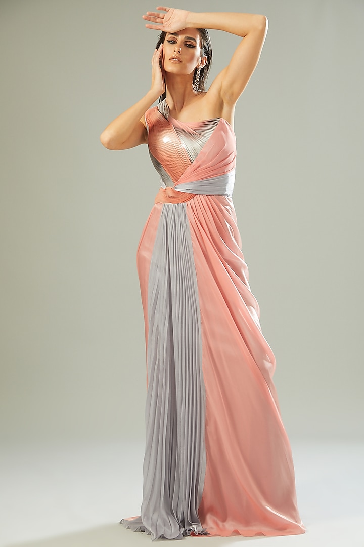 Blush Pink & Grey Metallic Polymer Draped Gown by Amit Aggarwal