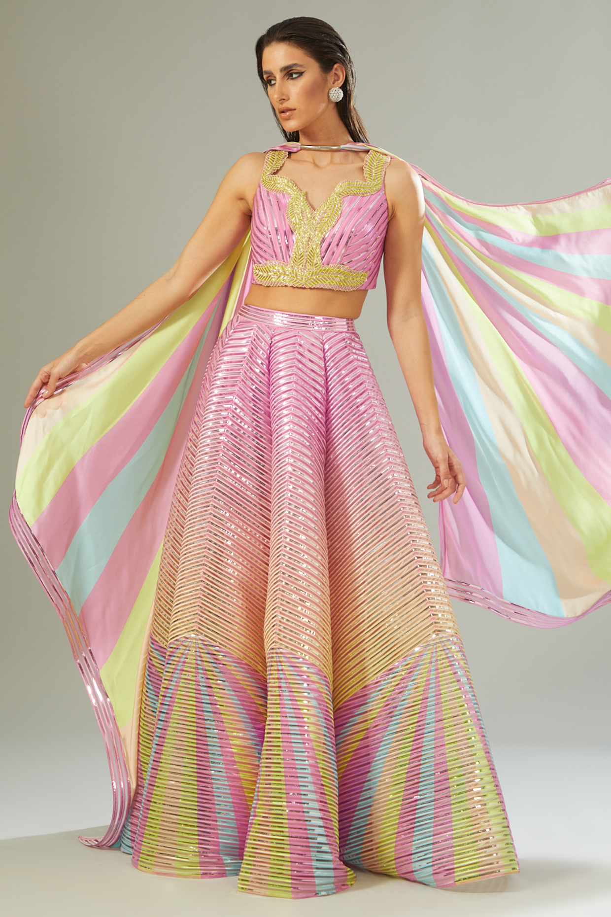 Multi-Colored Ombre Striped Fabric & Chiffon Bridal Lehenga Set by Amit Aggarwal at Pernia's Pop Up Shop