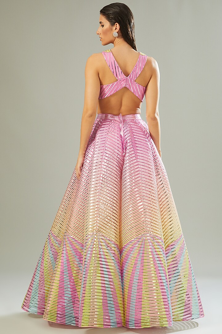 Multi-Colored Ombre Striped Fabric & Chiffon Bridal Lehenga Set by Amit Aggarwal at Pernia's Pop Up Shop