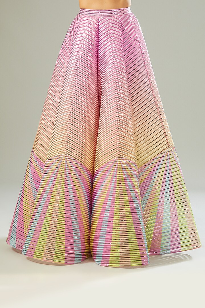 Multi-Colored Ombre Striped Fabric & Chiffon Bridal Lehenga Set by Amit Aggarwal at Pernia's Pop Up Shop