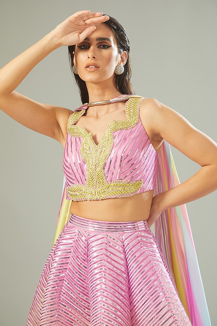Multi-Colored Ombre Striped Fabric & Chiffon Bridal Lehenga Set by Amit Aggarwal at Pernia's Pop Up Shop