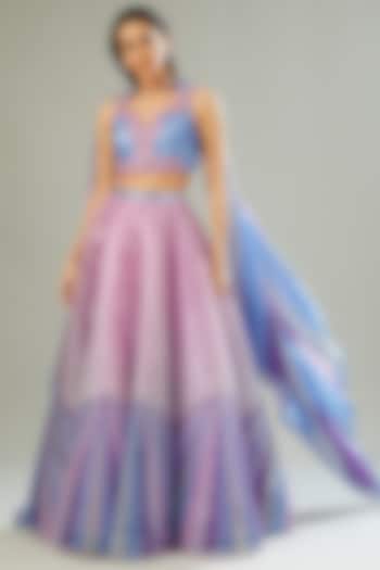 Blue & Purple Ombre Striped Fabric & Chiffon Bridal Lehenga Set by Amit Aggarwal at Pernia's Pop Up Shop