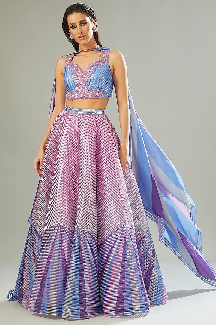 Blue & Purple Ombre Striped Fabric & Chiffon Bridal Lehenga Set by Amit Aggarwal at Pernia's Pop Up Shop