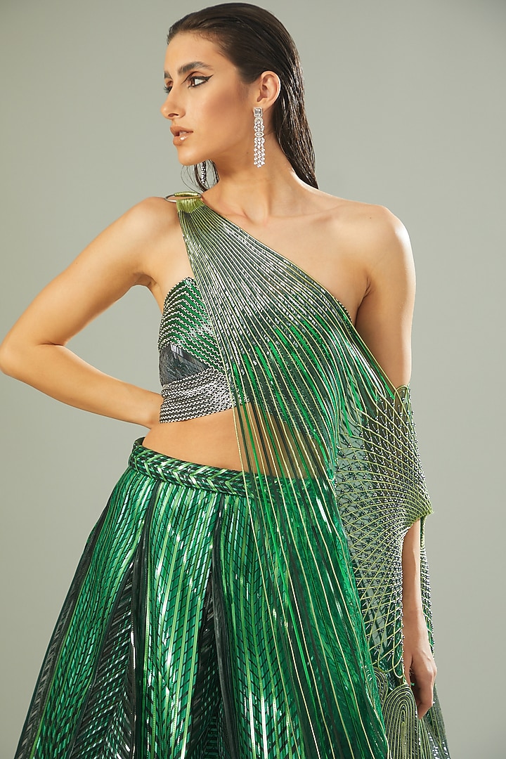 Emerald Green Handwoven Tulle Bridal Lehenga Set by Amit Aggarwal at Pernia's Pop Up Shop
