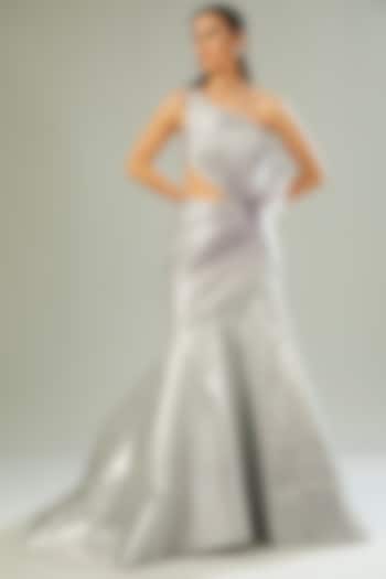 Silver Mesh Fabric Draped Bridal Gown by Amit Aggarwal at Pernia's Pop Up Shop