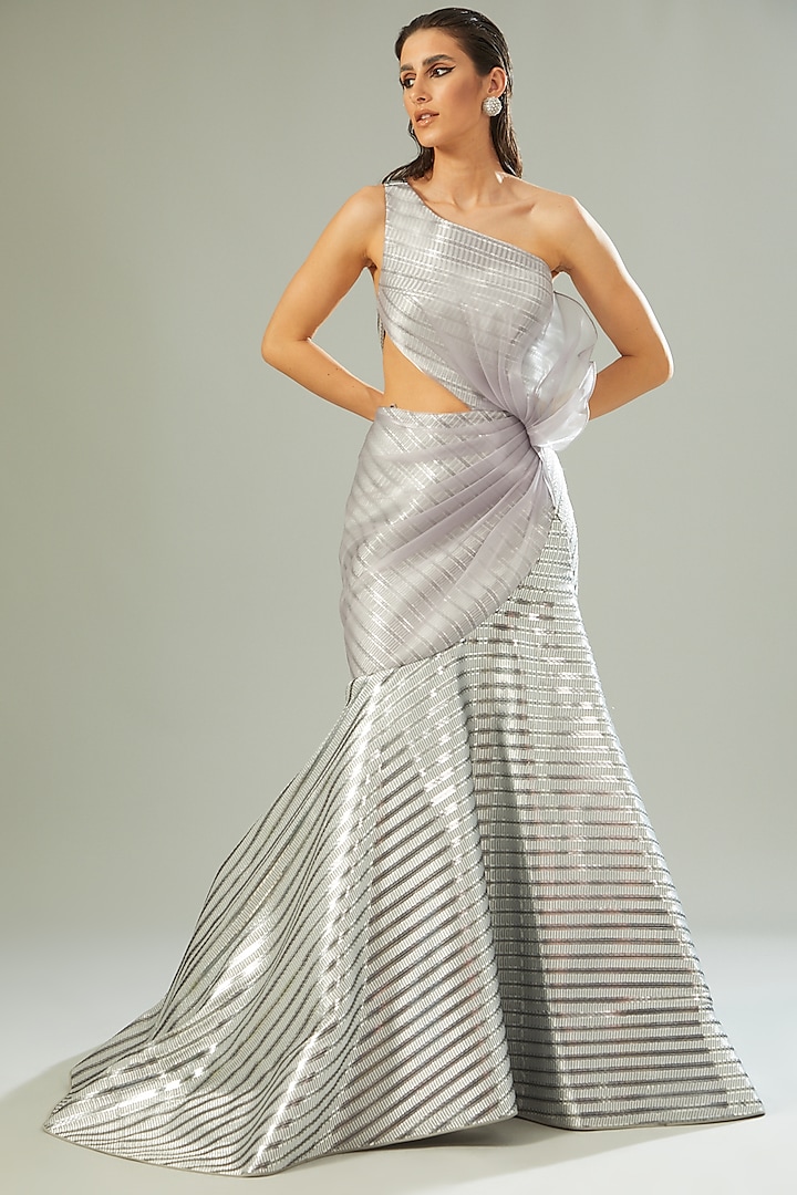 Silver Mesh Fabric Draped Bridal Gown by Amit Aggarwal at Pernia's Pop Up Shop