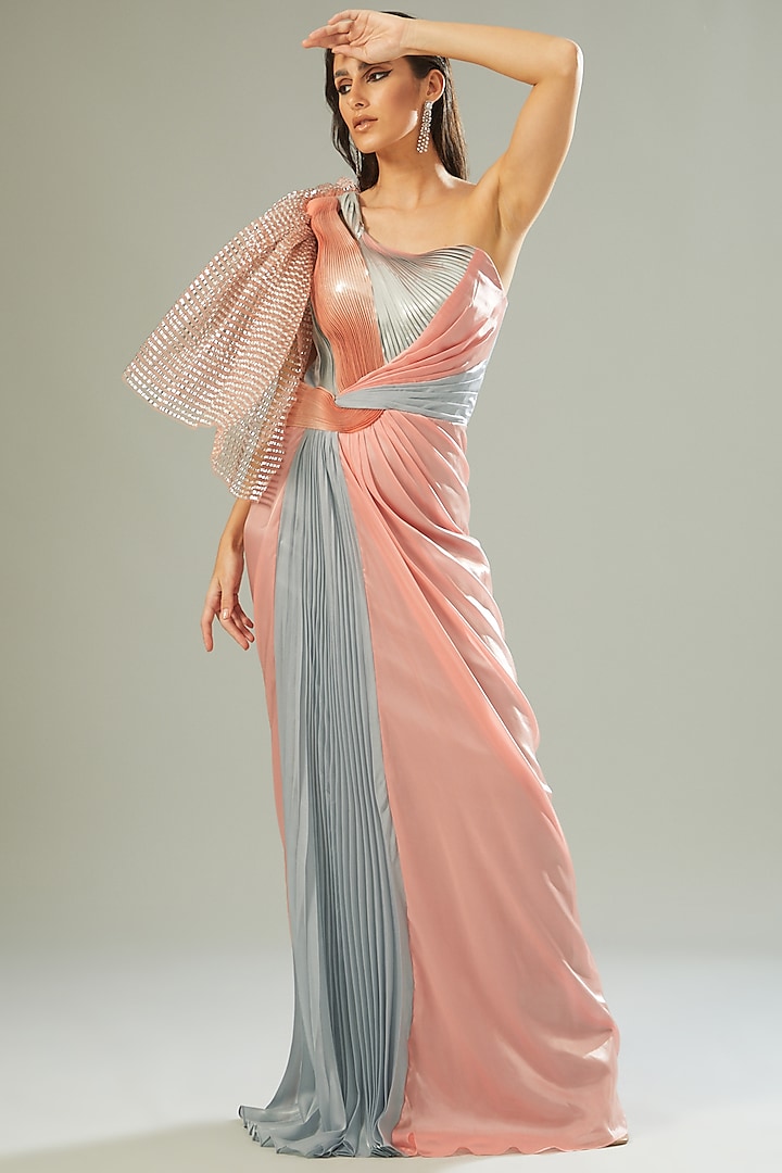 Blush Pink & Mint Metallic Polymer Draped Gown by Amit Aggarwal