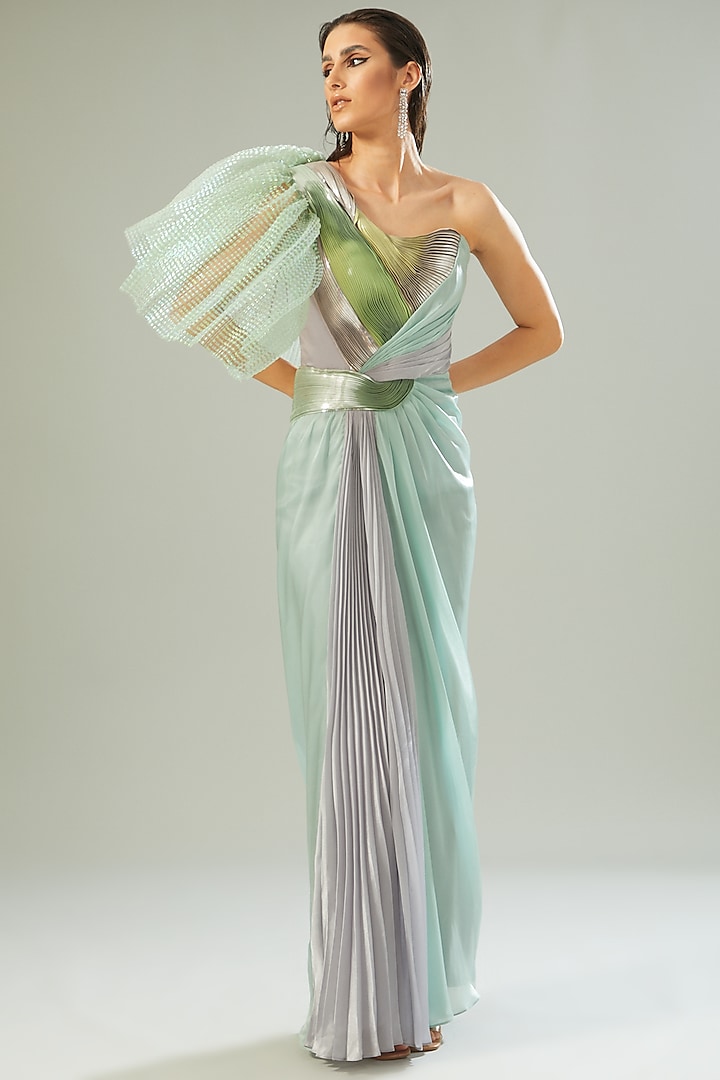 Mint Green Metallic Polymer & Chiffon Draped Wedding Gown by Amit Aggarwal at Pernia's Pop Up Shop