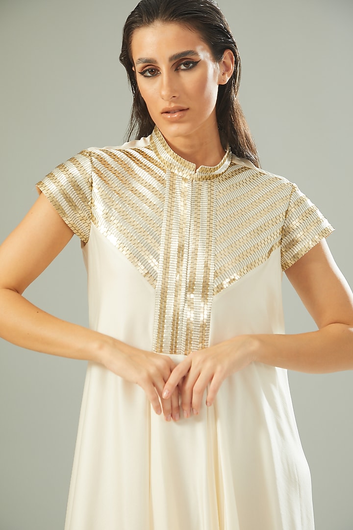 Ivory Crinkle Chiffon Draped Cocktail Dress by Amit Aggarwal at Pernia's Pop Up Shop