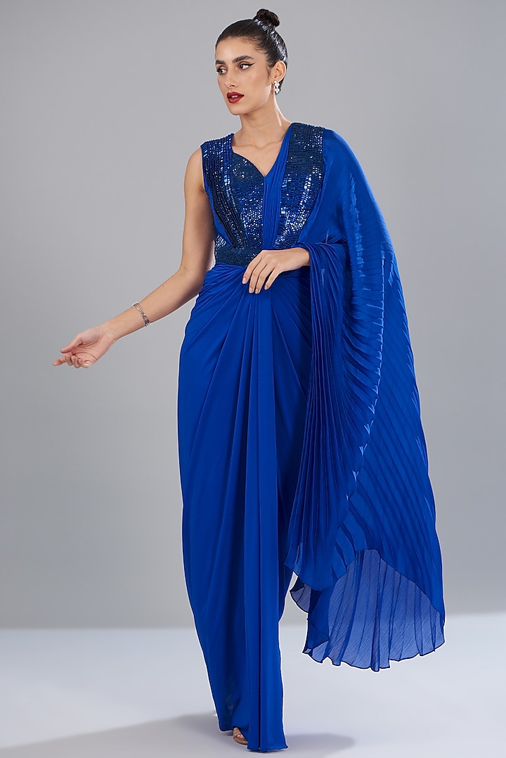 Royal Blue Jersey Ombre Molded Gown Saree by Amit Aggarwal at