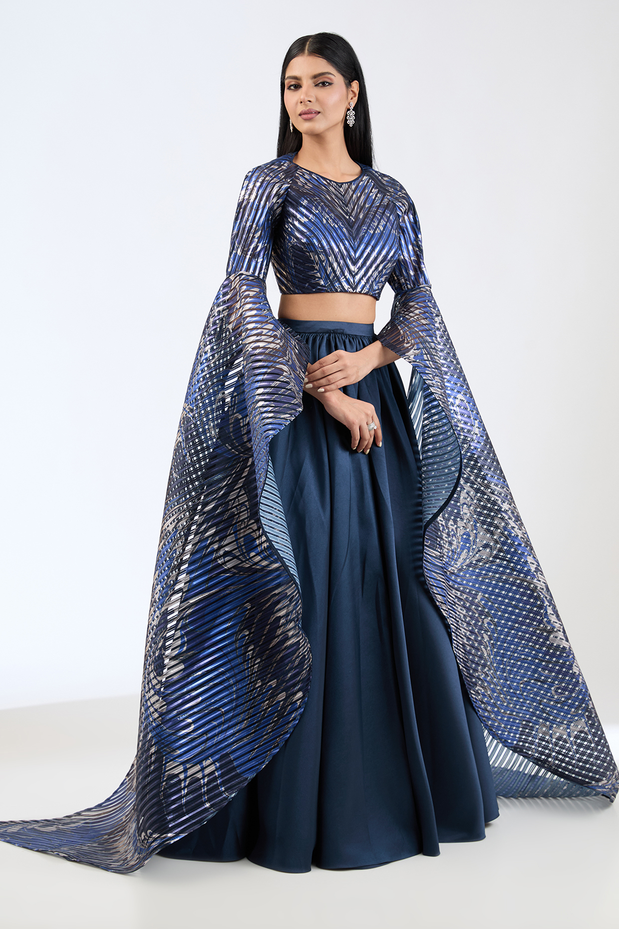 Deep Blue Metallic Stripe Bridal Lehenga Set by Amit Aggarwal at Pernia's Pop Up Shop