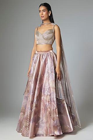 Rose Gold Glazed Organza Embroidered Lehenga Set by Amit Aggarwal