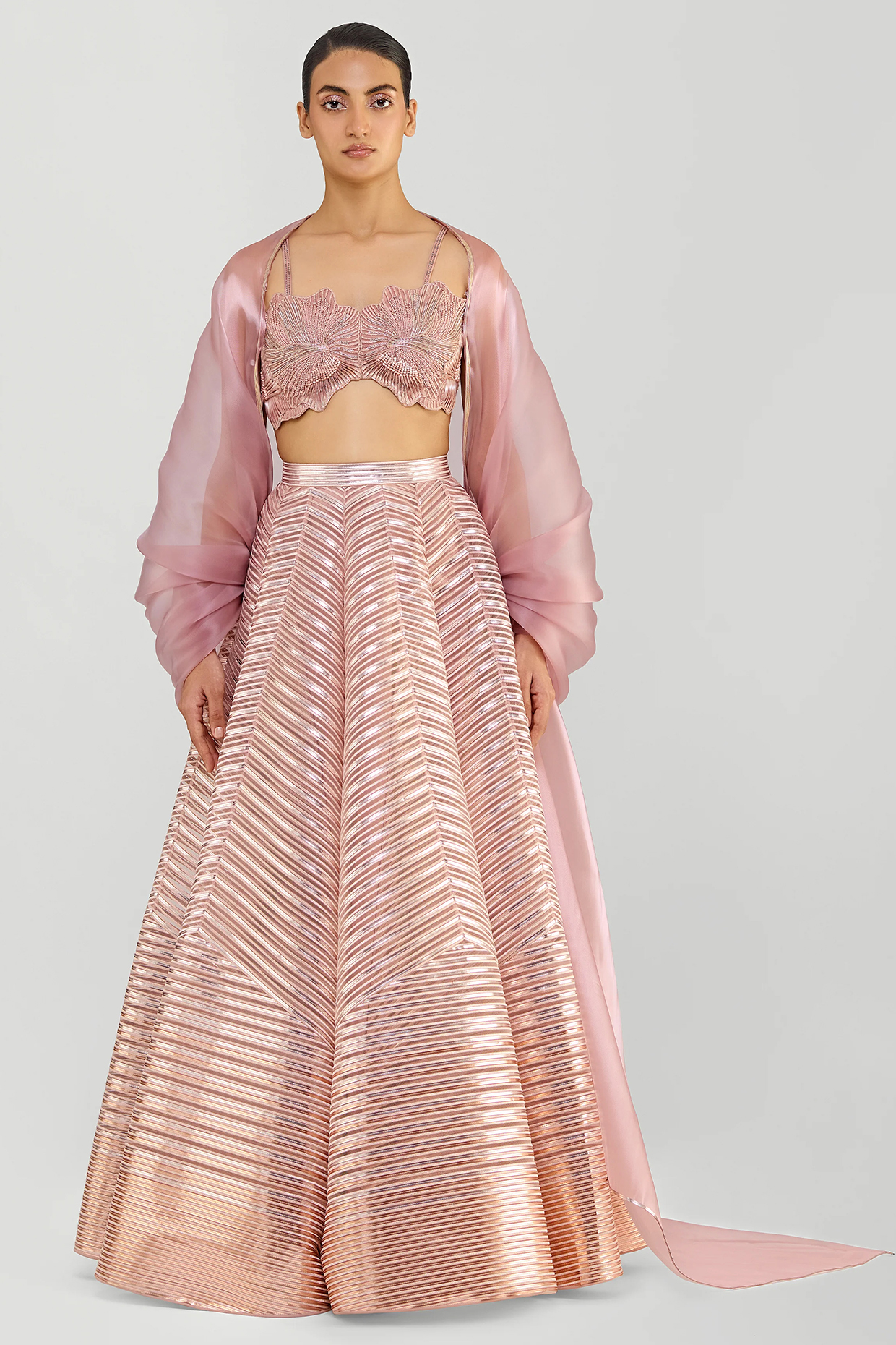 Rose Pink Liquid Mesh & Sheer Stripe Fabric Bridal Lehenga Set by Amit Aggarwal at Pernia's Pop Up Shop