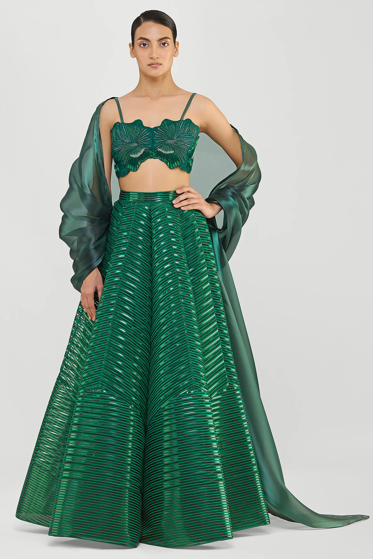Emerald Green Tulle & Liquid Mesh Jacket Bridal Lehenga Set by Amit Aggarwal at Pernia's Pop Up Shop